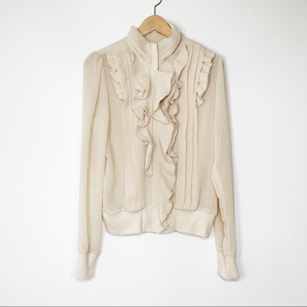 Cream Ruffle Zip Up Blouse